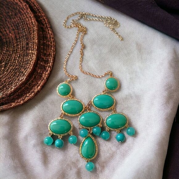 Chunky Bubble Beaded Necklace Atomic Statement Aqua Bib Gold Tone Y2K Acrylic. - Picture 10 of 14